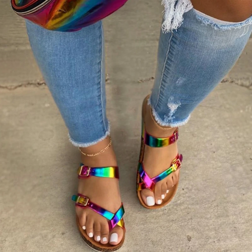 “Rainbow Brite” Flat Rainbow Color Sandals For Ladies (5-12 US) - Cali & Clyde